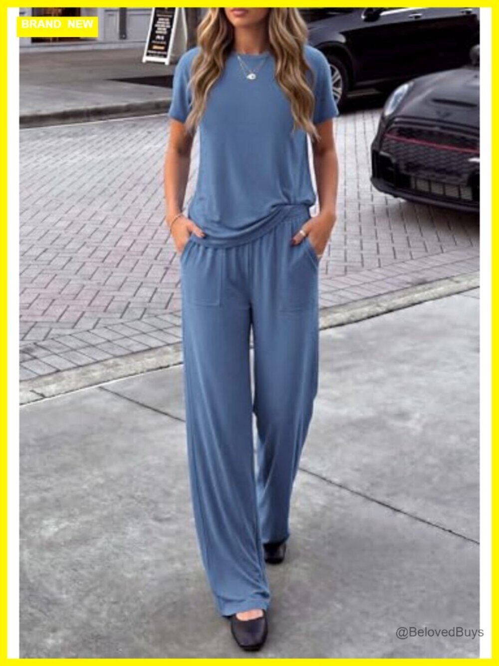 2 Piece Lounge Set Short Sleeve Top Wide Leg Pants Travel Outfit - Picture 6 of 7